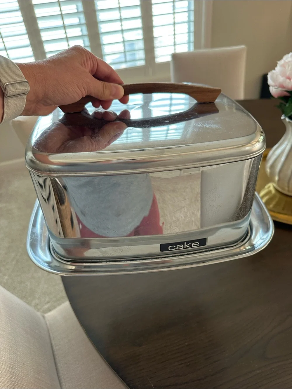 Vintage MCM Stainless Steel Cake Carrier with Wood Handle